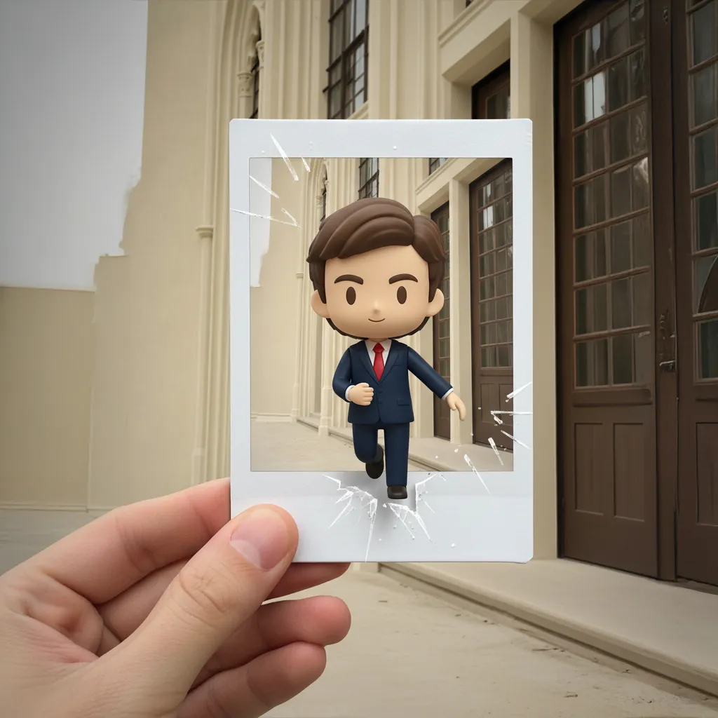 Create a 3D polaroid breakthrough effect, depth illusion, creative photography style, artistic composition