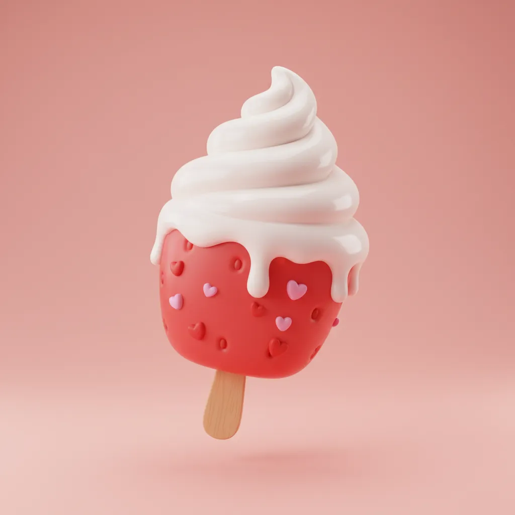 Generate image: Transform the reference image into a soft-serve ice cream, with cream flowing in curves on top looking delicious and appetizing, floating at a 45-degree angle in the air, chibi 3D cute style, solid color background in matching color scheme