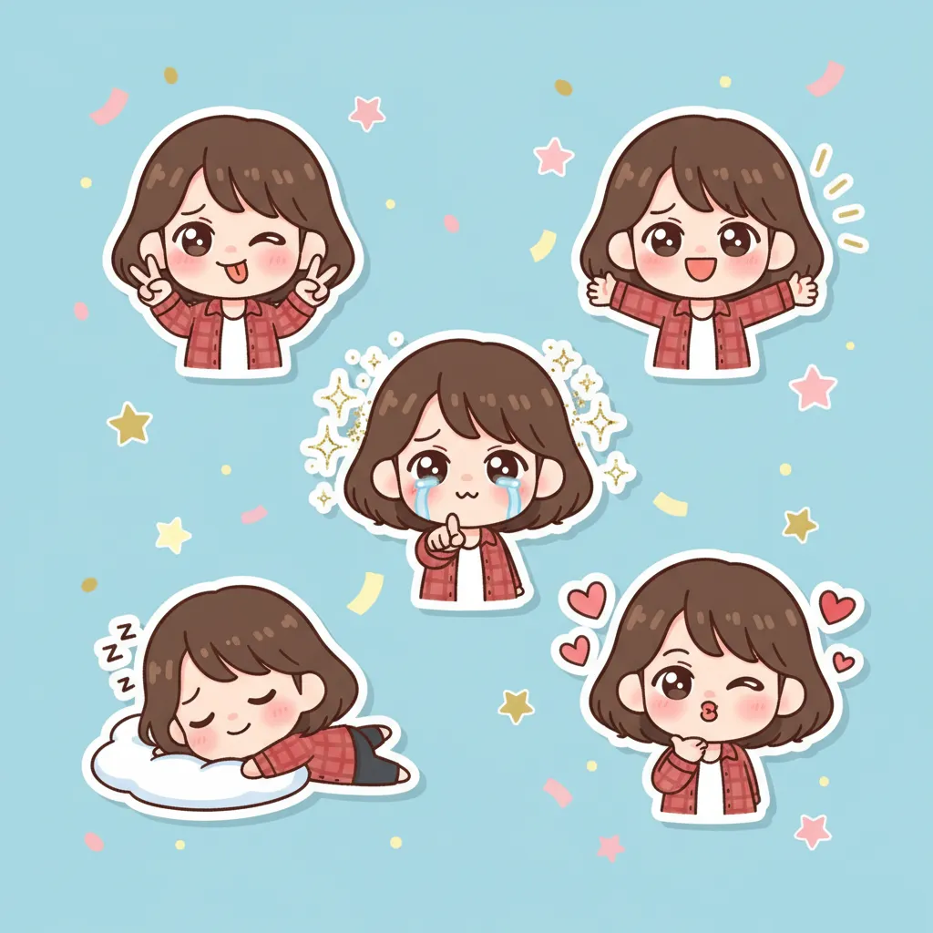 Chibi style sticker design, cute character collection, kawaii aesthetic, digital sticker art