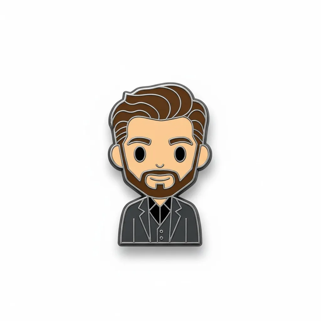 Enamel pin design artwork, collectible pin style, bold lines and colors, merchandise design