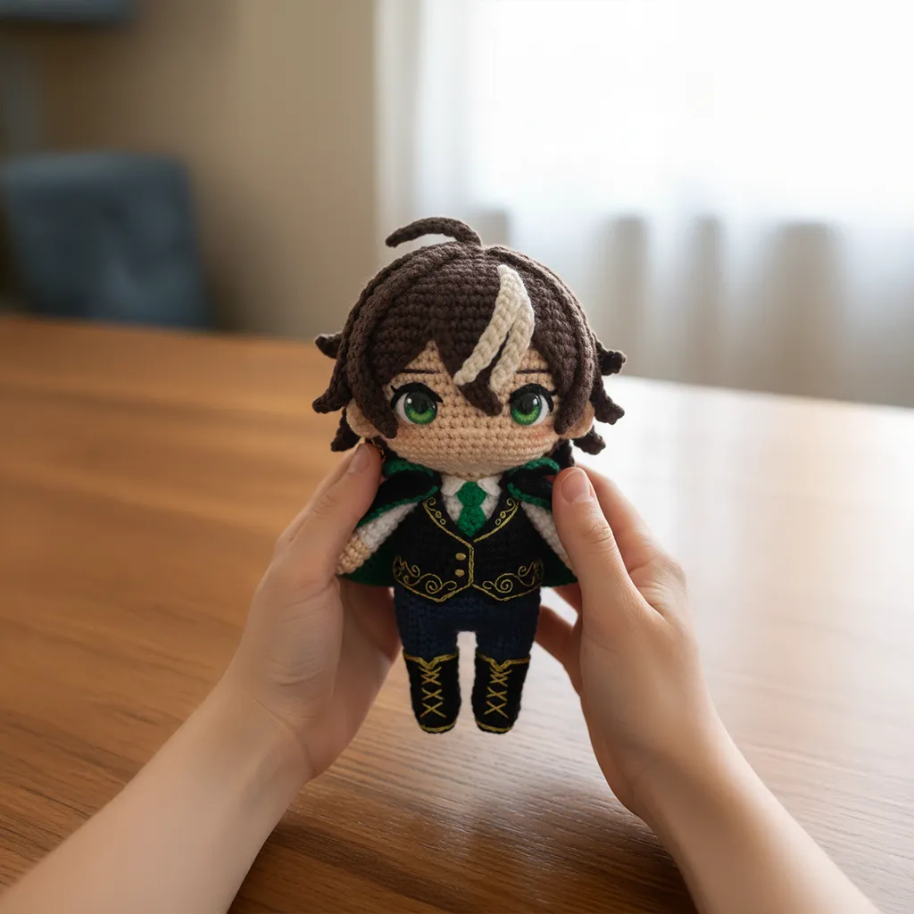 A close-up, professionally composed photograph showcasing a hand-crocheted yarn doll being gently held by two hands. The doll features a rounded shape [uploaded image] of a cute chibi character: with vivid color contrast and rich details. The hands holding the doll are natural and gentle, with clearly visible finger positions, natural skin texture and light-shadow transitions, conveying a warm and authentic tactile feeling. The background is slightly blurred, depicting an indoor environment with a warm wooden tabletop and natural light streaming through a window, creating a comfortable and intimate atmosphere. The overall image conveys a sense of exquisite craftsmanship and cherished warmth.