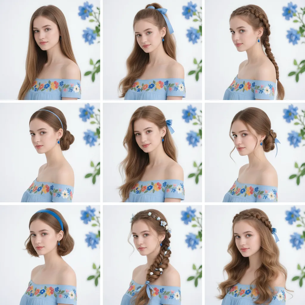 Based on the reference image, provide nine different hairstyle designs, displayed in a nine-grid format.