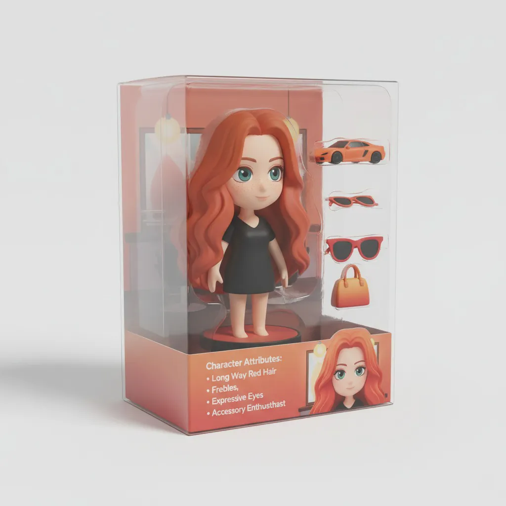 Using this photo as reference, generate a 3D style, Q-version (chibi) style, figurine toy design. A 3D cute toy figure in a packaging box. The right side of the package contains 3 accessories: a sports car in the same color scheme, a pair of sunglasses in the same color scheme, and a bag in the same color scheme. Bright lighting and shadows, three-dimensional, lively and natural, figurine texture quality, printed product. The packaging background includes character attribute descriptions. Blister card packaging, isometric view packaging display, three-quarter side angle view, with a plastic packaging layer over the doll.
