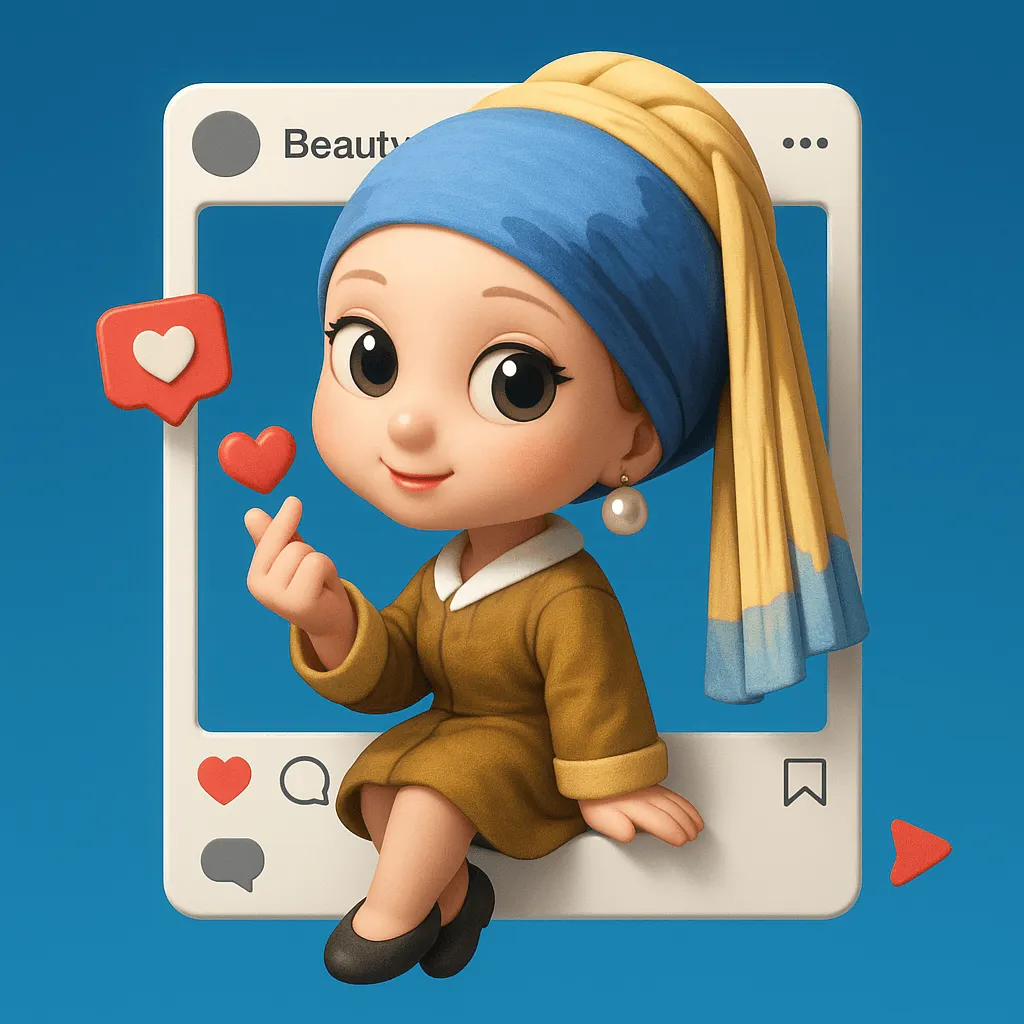 Create a stylized 3D chibi character based on the attached photo, accurately preserving the person's facial features and clothing details. The character's left hand forms a heart gesture (with a red heart element above the fingers), playfully sitting on the edge of a giant Instagram frame with legs dangling outside the frame. The username 'Beauty' is displayed at the top of the frame, with social media icons (likes, comments, shares) floating around it.