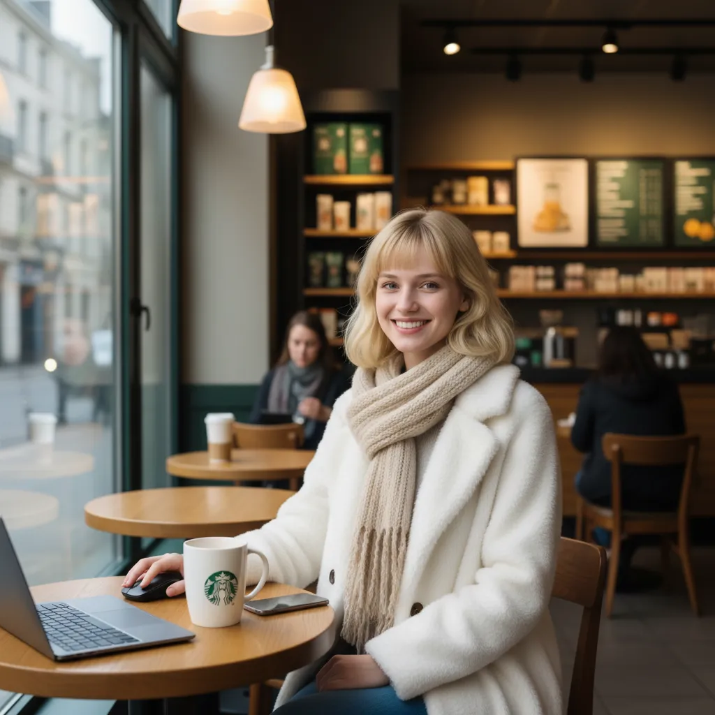 Maintain the consistency of the character from the reference image and generate a scene of the character from the reference image in Starbucks