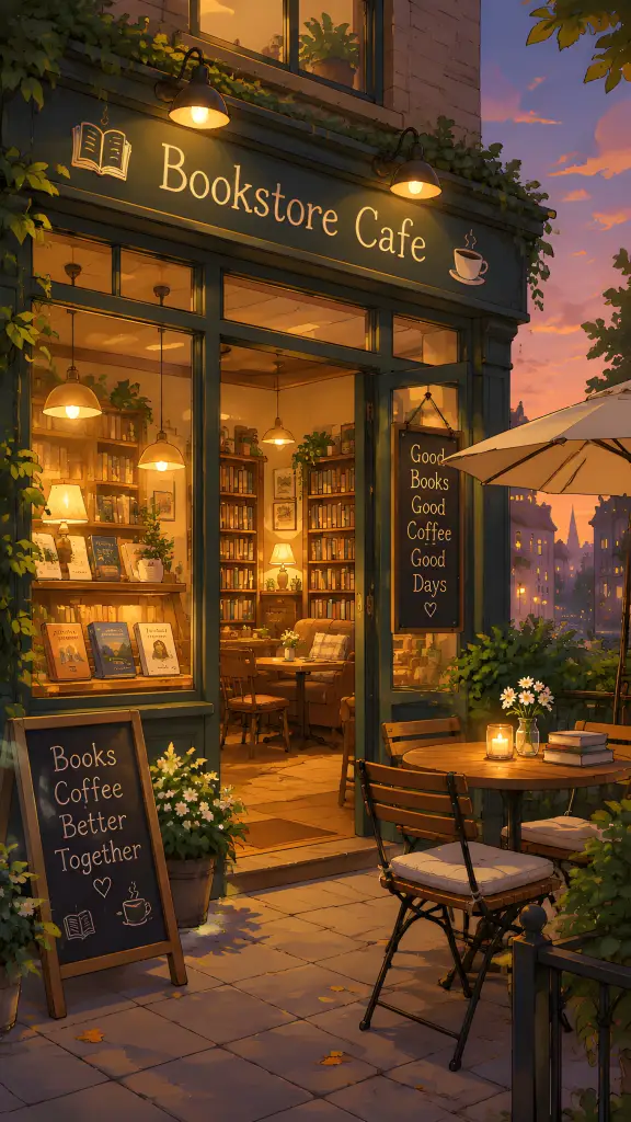 Illustrated bookstore cafe at dusk with chalkboard signs