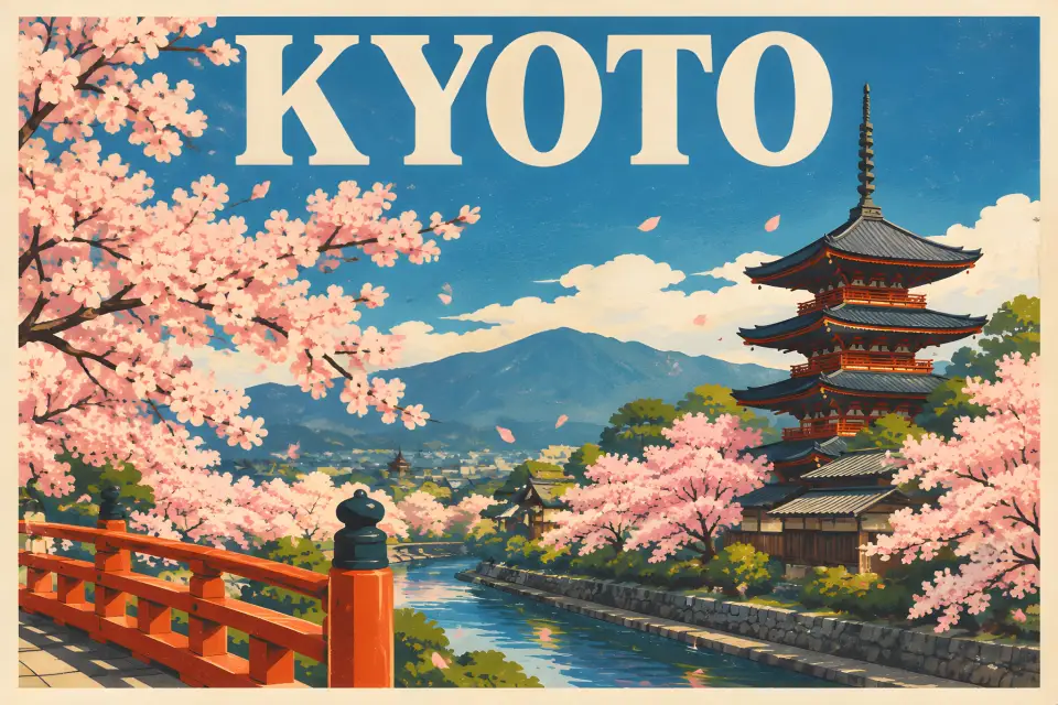 Vintage travel poster of Kyoto in spring with the title KYOTO, generated with GPT Image 2 Saver