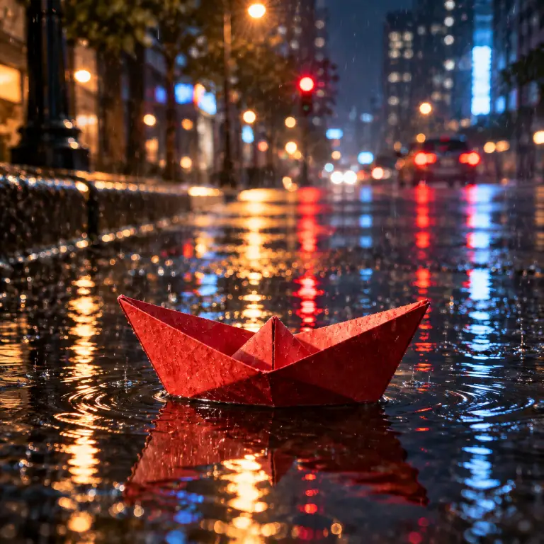 Red paper boat on a wet city street at night with neon reflections