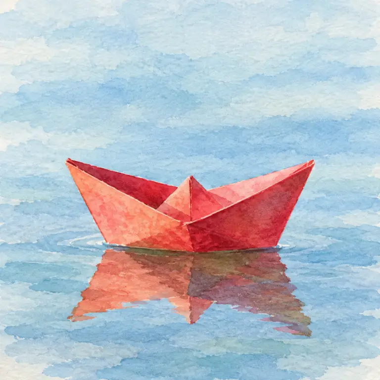 Watercolor painting of a red paper boat on calm water